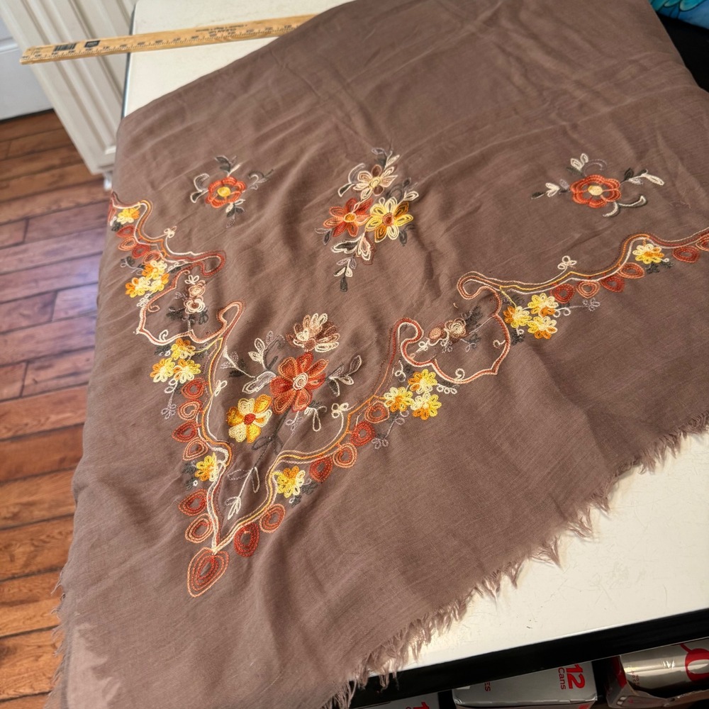 Embroidered Floral Scarf Womens Mauve Brown Boho Frayed Edge Shawl Wrap